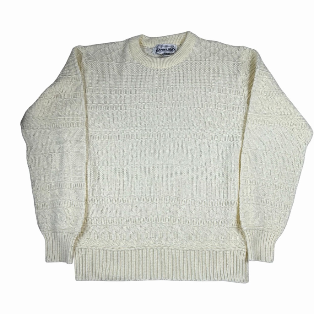 VTG 90s Expressions Made In USA Knitted‎ Sweater Cream Geometric Grandpa Cottage